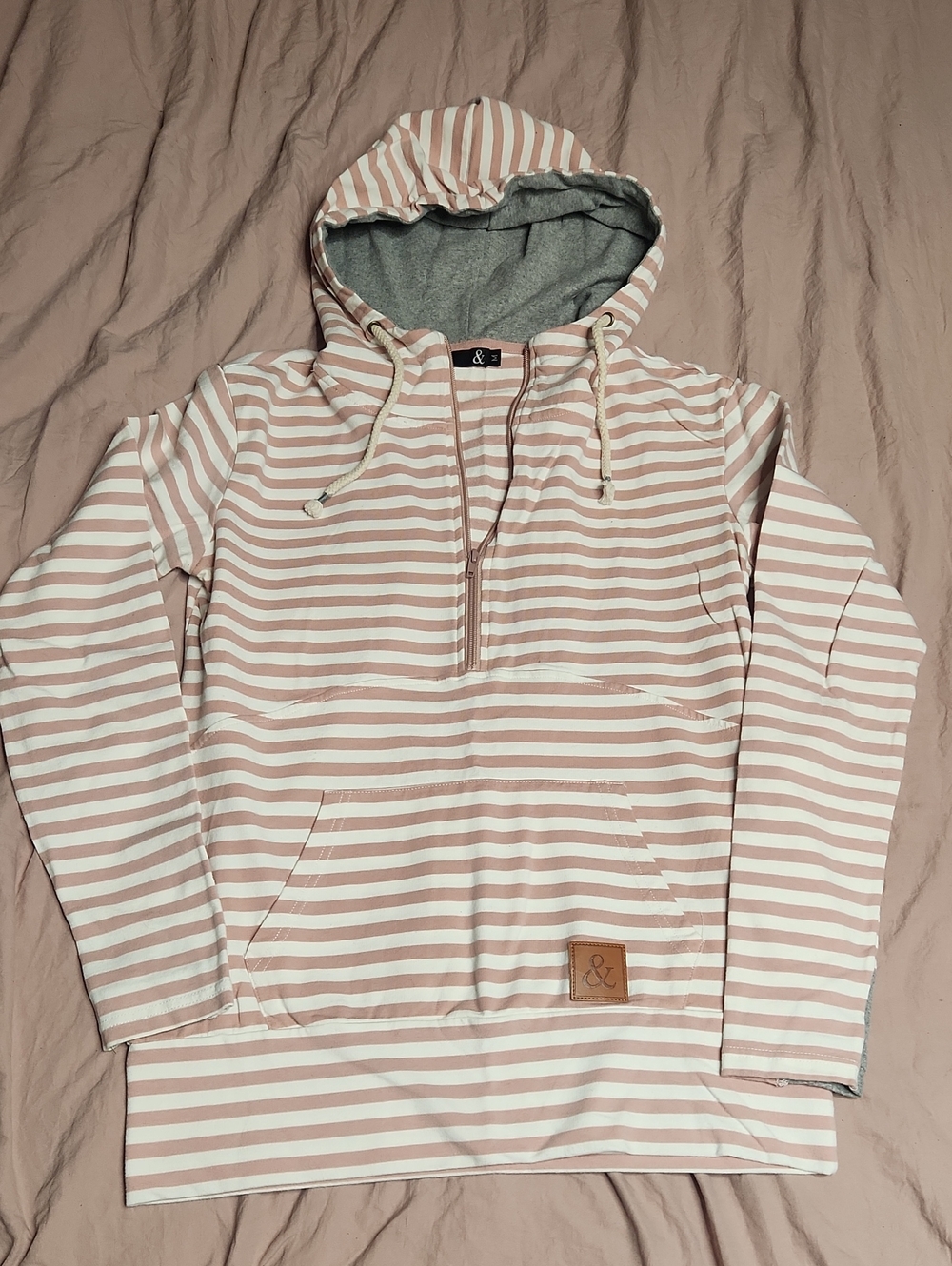 AMPERSAND AVE Pink and White Striped Half-Zip Hoodie